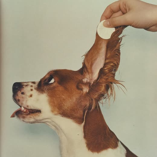 A spaniel's ear being gently cleaned with a cotton pad